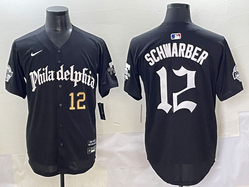 Men 2025 Philadelphia Phillies #12 Schwarber Black Five generations Joint Name Nike MLB Jersey style 5